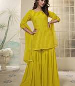 Striped Embroidered Straight Short Kurti With Sharara & Dupatta