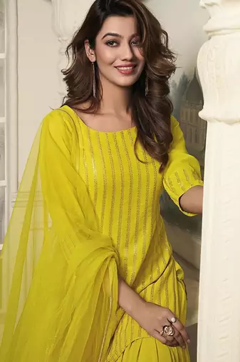 Striped Embroidered Straight Short Kurti With Sharara & Dupatta