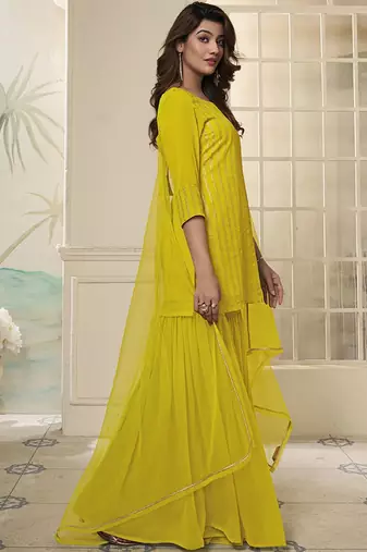 Striped Embroidered Straight Short Kurti With Sharara & Dupatta