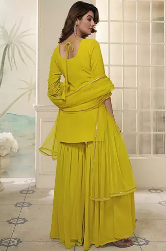 Striped Embroidered Straight Short Kurti With Sharara & Dupatta