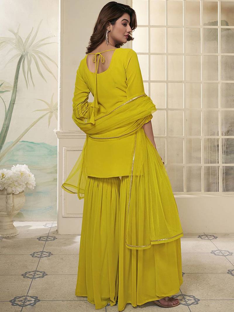 Striped Embroidered Straight Short Kurti With Sharara & Dupatta