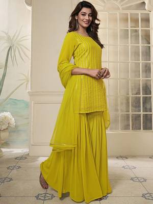 Striped Embroidered Straight Short Kurti With Sharara & Dupatta 5
