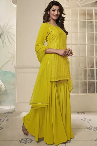 Striped Embroidered Straight Short Kurti With Sharara & Dupatta