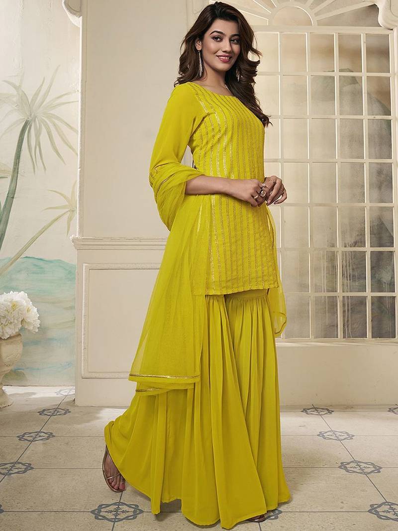 Striped Embroidered Straight Short Kurti With Sharara & Dupatta