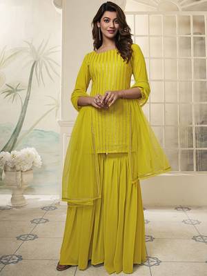 Striped Embroidered Straight Short Kurti With Sharara & Dupatta 6