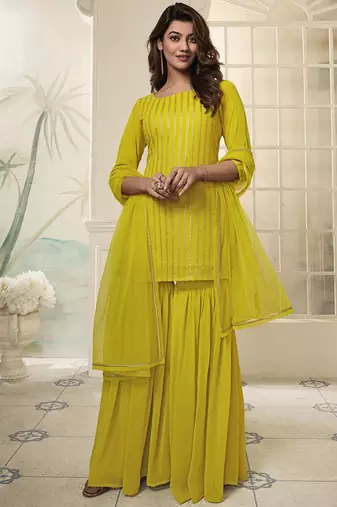 Striped Embroidered Straight Short Kurti With Sharara & Dupatta
