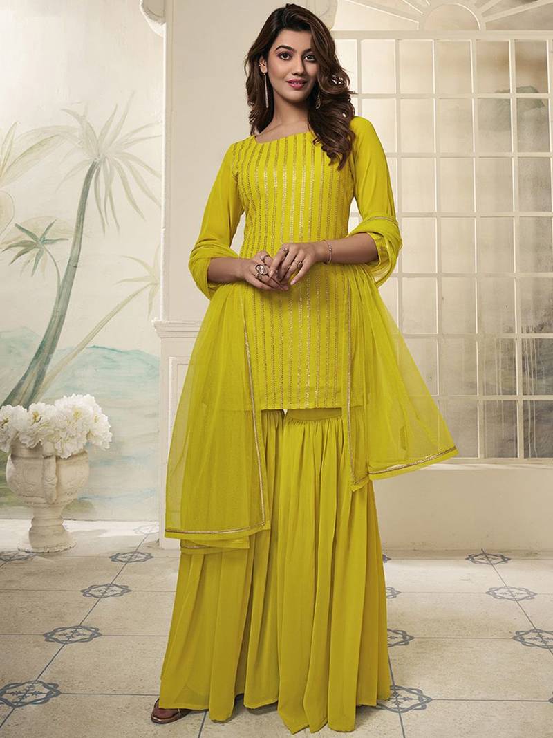 Striped Embroidered Straight Short Kurti With Sharara & Dupatta