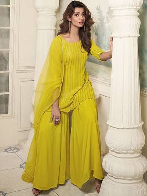 Striped Embroidered Straight Short Kurti With Sharara & Dupatta 7