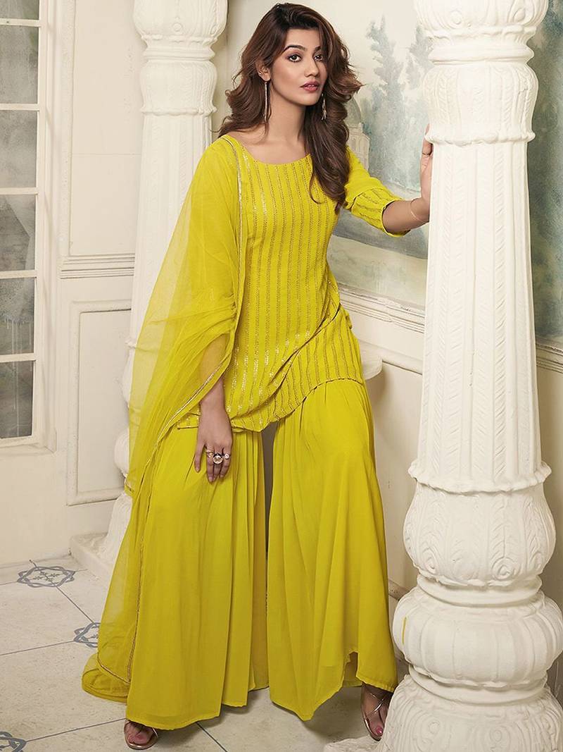 Striped Embroidered Straight Short Kurti With Sharara & Dupatta