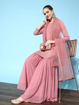Women Pink Embroidered Kurti with Sharara & With Dupatta 1