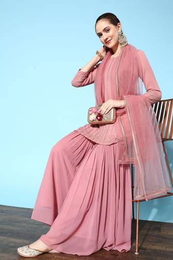 Women Pink Embroidered Kurti with Sharara & With Dupatta