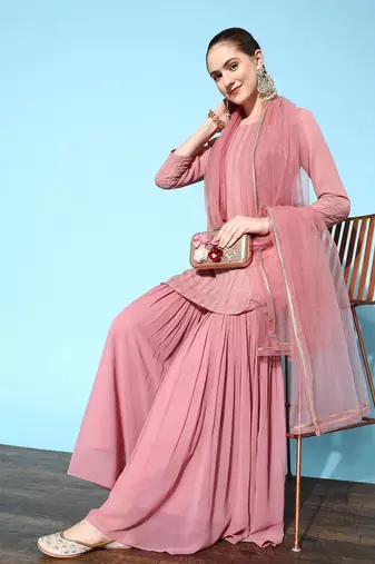 Women Pink Embroidered Kurti with Sharara & With Dupatta