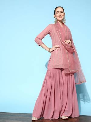 Women Pink Embroidered Kurti with Sharara & With Dupatta 2