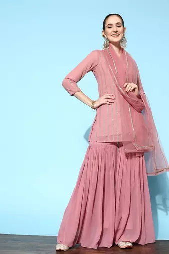 Women Pink Embroidered Kurti with Sharara & With Dupatta