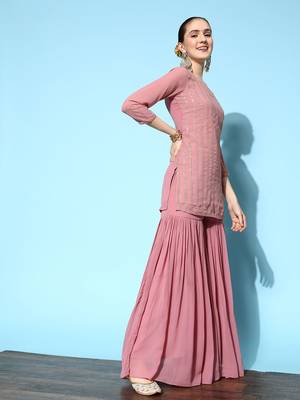 Women Pink Embroidered Kurti with Sharara & With Dupatta 4