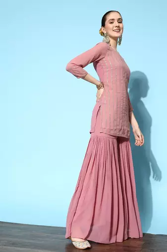 Women Pink Embroidered Kurti with Sharara & With Dupatta