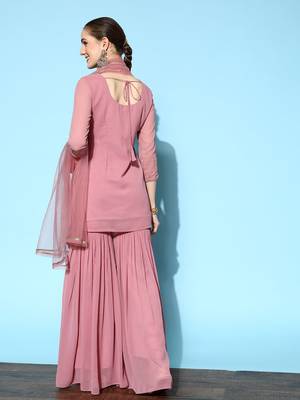 Women Pink Embroidered Kurti with Sharara & With Dupatta 5
