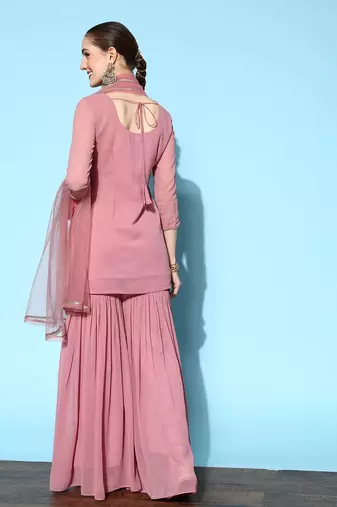 Women Pink Embroidered Kurti with Sharara & With Dupatta