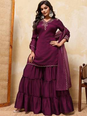 Purple colour Embroidered Kurti & Sharara Sets 1