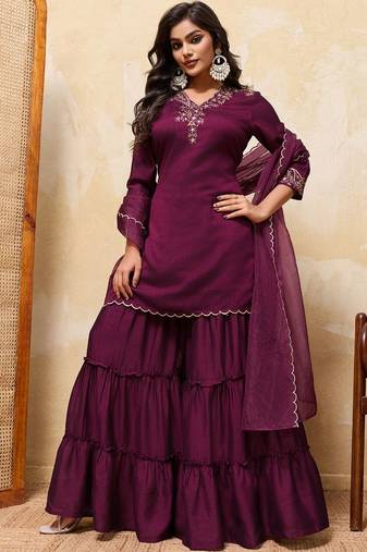 Purple colour Embroidered Kurti & Sharara Sets