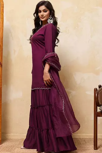 Purple colour Embroidered Kurti & Sharara Sets