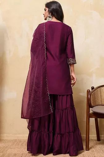 Purple colour Embroidered Kurti & Sharara Sets