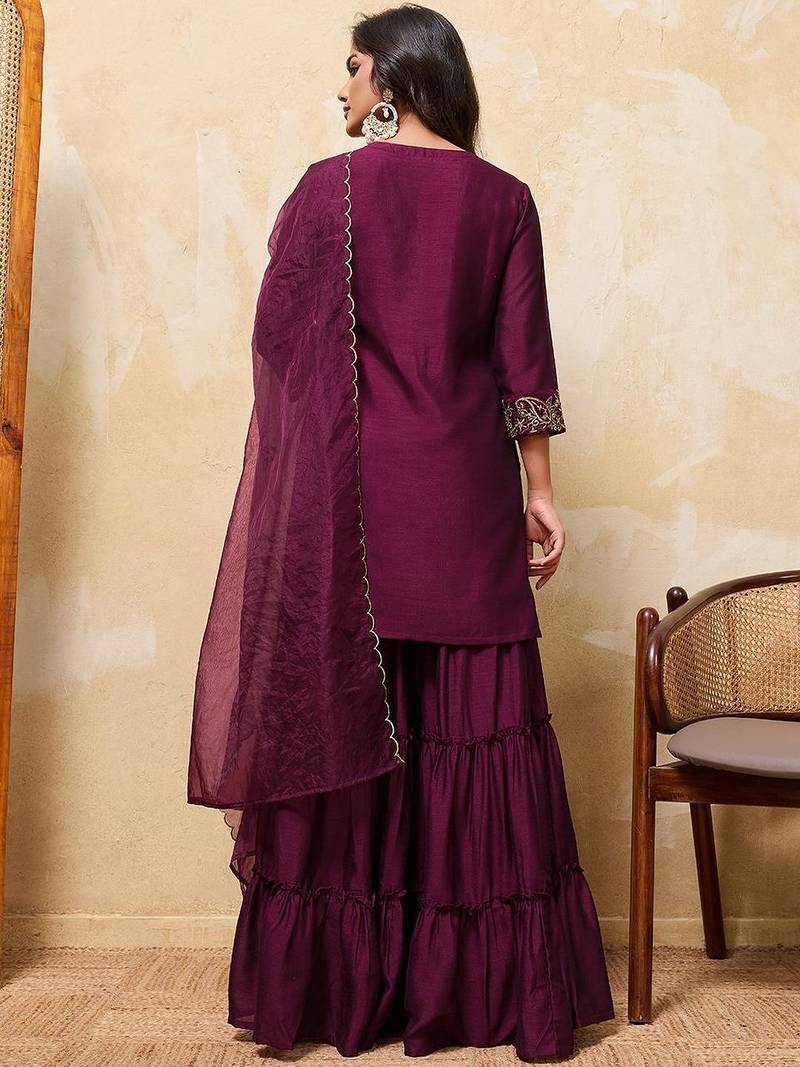 Purple colour Embroidered Kurti & Sharara Sets
