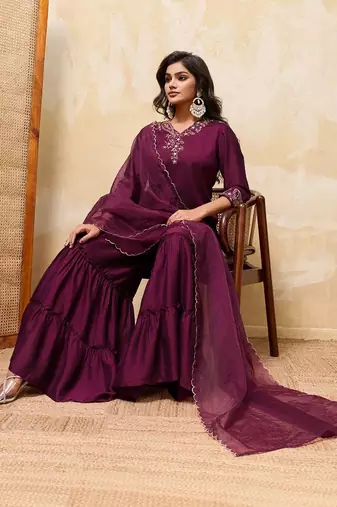 Purple colour Embroidered Kurti & Sharara Sets