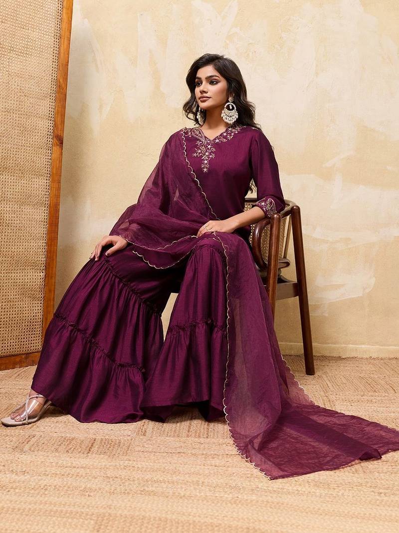 Purple colour Embroidered Kurti & Sharara Sets