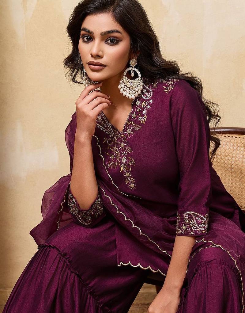 Purple colour Embroidered Kurti & Sharara Sets