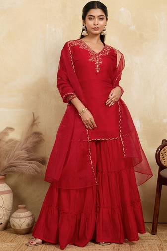 Women Ethnic Motifs Embroidered A-Line Kurta with Sharara & Dupatta
