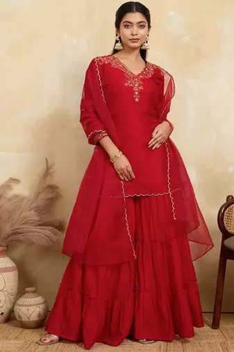 Women Ethnic Motifs Embroidered A-Line Kurta with Sharara & Dupatta