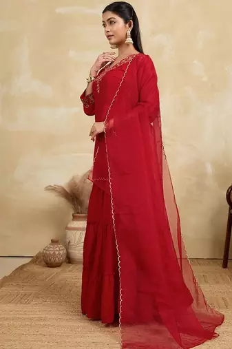 Women Ethnic Motifs Embroidered A-Line Kurta with Sharara & Dupatta