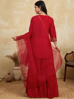 Women Ethnic Motifs Embroidered A-Line Kurta with Sharara & Dupatta 4