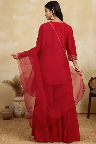 Women Ethnic Motifs Embroidered A-Line Kurta with Sharara & Dupatta