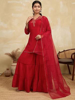 Women Ethnic Motifs Embroidered A-Line Kurta with Sharara & Dupatta 5