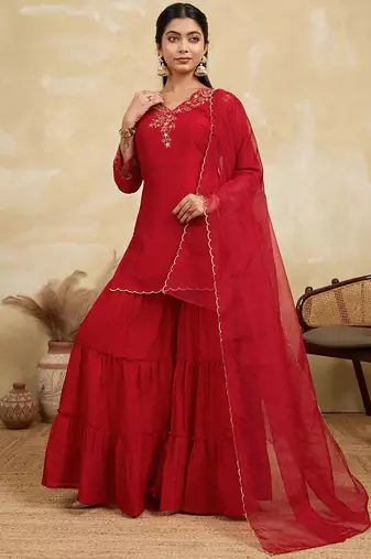 Women Ethnic Motifs Embroidered A-Line Kurta with Sharara & Dupatta
