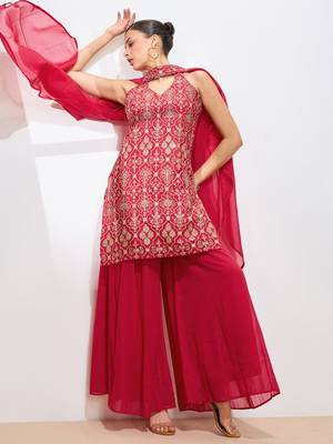 Ethnic Motifs Embroidered Thread Work Georgette Straight Kurta & Sharara & Dupatta 1