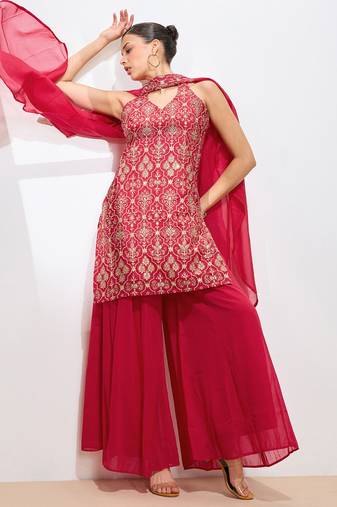 Ethnic Motifs Embroidered Thread Work Georgette Straight Kurta & Sharara & Dupatta