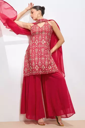 Ethnic Motifs Embroidered Thread Work Georgette Straight Kurta & Sharara & Dupatta