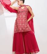 Ethnic Motifs Embroidered Thread Work Georgette Straight Kurta & Sharara & Dupatta