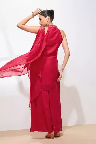 Ethnic Motifs Embroidered Thread Work Georgette Straight Kurta & Sharara & Dupatta