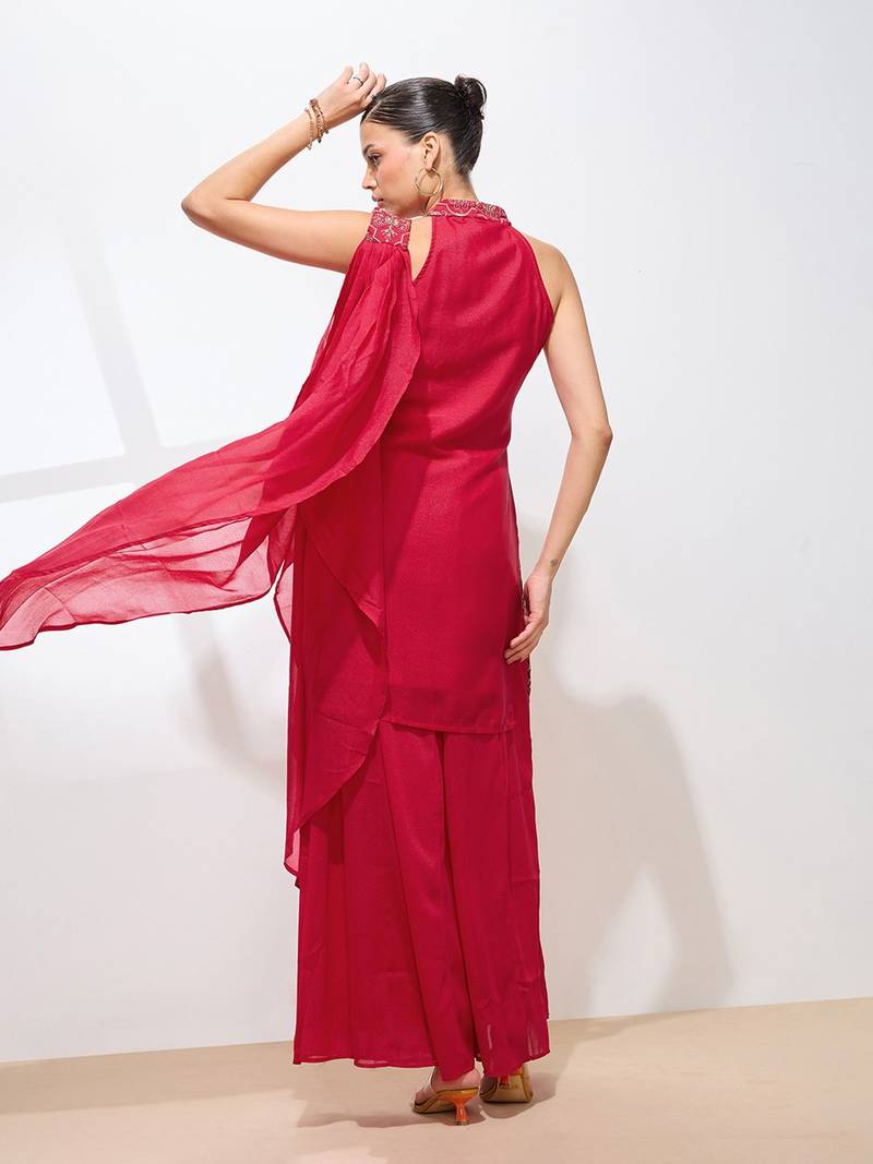 Ethnic Motifs Embroidered Thread Work Georgette Straight Kurta & Sharara & Dupatta