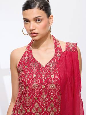 Ethnic Motifs Embroidered Thread Work Georgette Straight Kurta & Sharara & Dupatta 4