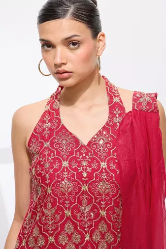 Ethnic Motifs Embroidered Thread Work Georgette Straight Kurta & Sharara & Dupatta