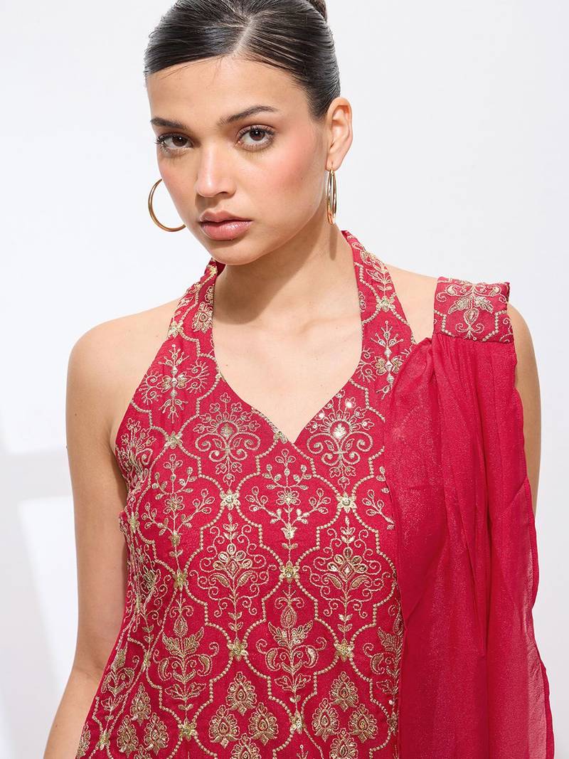Ethnic Motifs Embroidered Thread Work Georgette Straight Kurta & Sharara & Dupatta