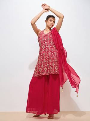 Ethnic Motifs Embroidered Thread Work Georgette Straight Kurta & Sharara & Dupatta 5
