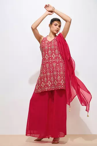 Ethnic Motifs Embroidered Thread Work Georgette Straight Kurta & Sharara & Dupatta