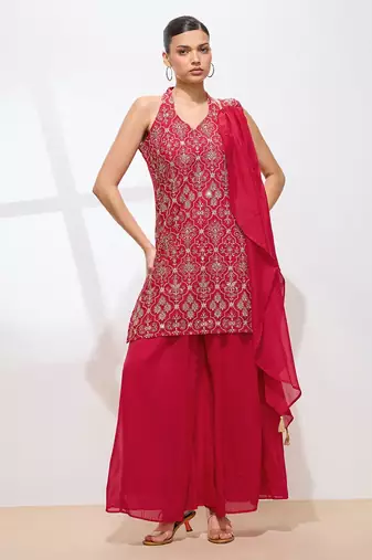 Ethnic Motifs Embroidered Thread Work Georgette Straight Kurta & Sharara & Dupatta