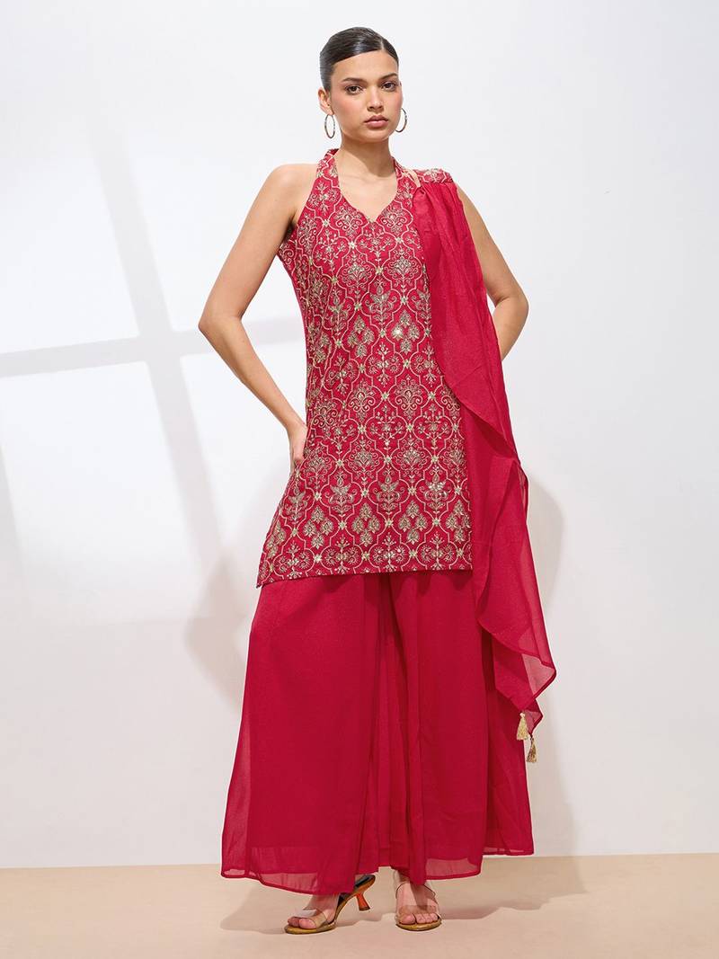 Ethnic Motifs Embroidered Thread Work Georgette Straight Kurta & Sharara & Dupatta